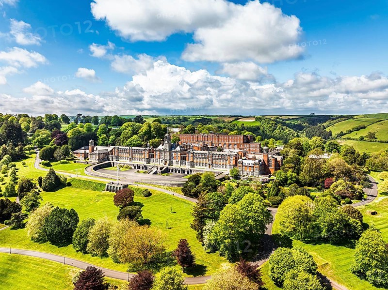 Britannia Royal Naval College from a drone, Dartmouth, River Dart, Devon, England, United Kingdom