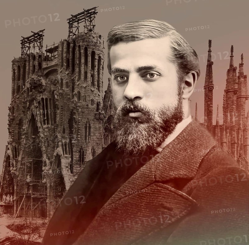 Portrait of Antoni Gaudí i Cornet, 1852 – 1926, Catalan architect and designer from Spain, the greatest exponent of Catalan Modernisme, Construction site of the Basílica i Temple Expiatori de la Sagrada Família, known as Sagrada Família, 1908, Barcelona, Catalonia, Spain, digitally edited