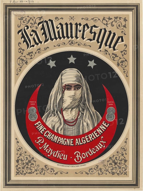 Advertising poster, beverage advertisement, poster for La Mauresque Fine Champagne Algerienne dates from 1889. It depicts a woman in traditional clothing in front of a red crescent and three stars, which indicates a connection to the oriental style of the time. Fine Champagne does not refer here to sparkling wine, but to a type of cognac or brandy sold in Bordeaux by P. Maydieu, authentic reproduction of a historical advertising poster, advertising sign, in high resolution