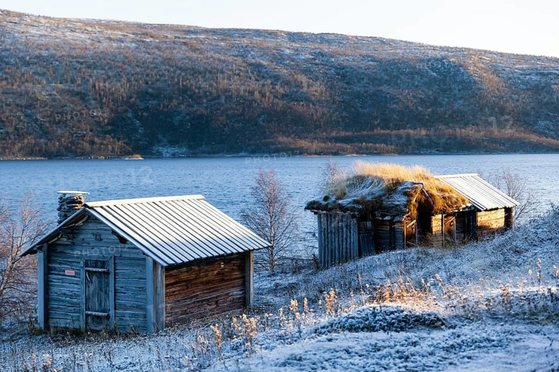 Europe, Finland, Lapland, cottage in Utsjoki, Saami Village, wooden hut, grass roof, Saami Village, Finnish Lapland, Finland
