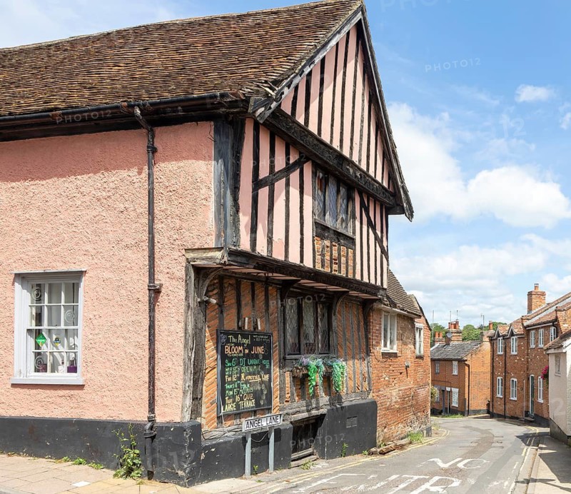 Historic buildings timber framed Angel pub and Angel Lane, town of Woodbridge, Suffolk, England, UK