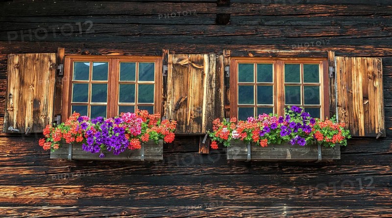 Old windows with floral decorations on the wooden façade of Alpe Hinterenge, near Oberstdorf, Oberallgäu, Allgäu, Bavaria, Germany
