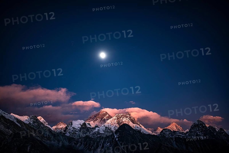View from Renjo La Pass 5360 m, of Mount Everest and Lhotse in the evening light, Solu Khumbu, Himalayas, Nepal