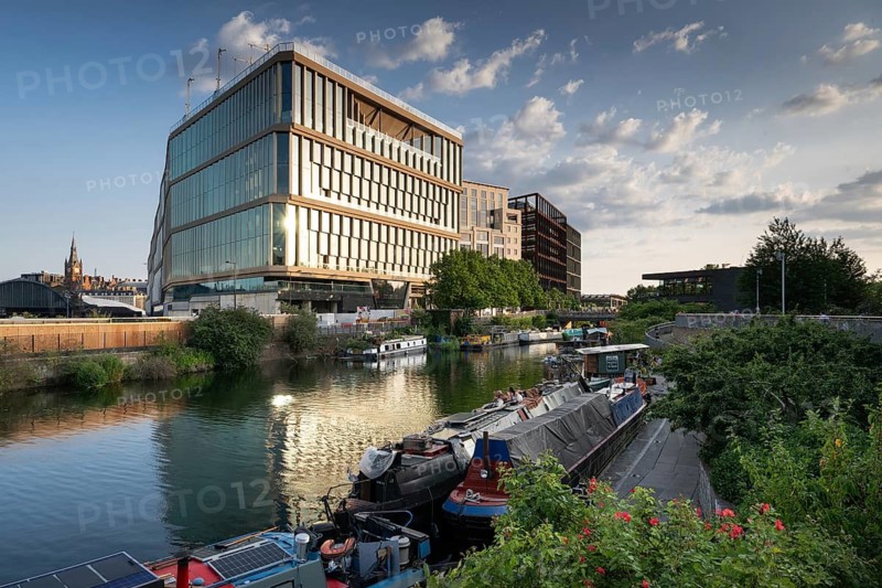 Houseboats moored, office and commercial buildings, Regent's Canal Towpath, Camden Town, London, England, Great Britain, Great Britain