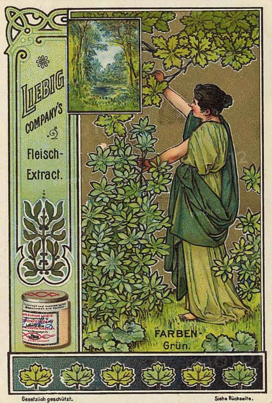 Picture series The colors, green, woman in antique garments in front of lush foliage, symbolizing the closeness to nature of this color, picture of love, digitally restored reproduction of a collector's painting from around 1900, exact date unknown