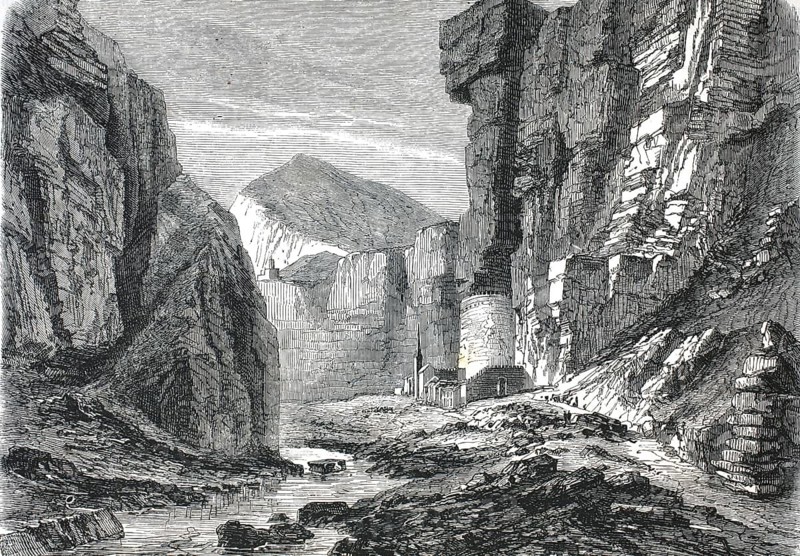 Covolo di Butistone, Covolo di San Donato, a spectacular cave castle in the Valsugana Valley in the Veneto region of northern Italy. You can see the fortification, which was built directly in the steep rock faces of the gorge. For centuries, it controlled a strategically important bottleneck and trade route along the Brenta River, 1860, Italy, authentic, high-resolution reproduction from a 19th century original, exact date of depiction unknown, historical