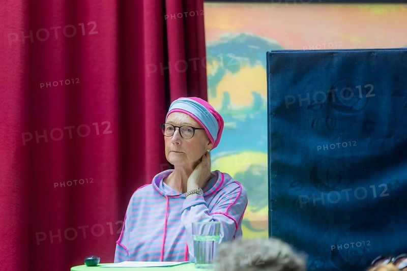 Julia Pechstein giving a presentation about her grandfather's work to BRÜCKE painter Max Pechstein, on the summer of art in the Red House. Here, BRÜCKE artists painted their outdoor models, Dippelsdorf, Saxony, Germany