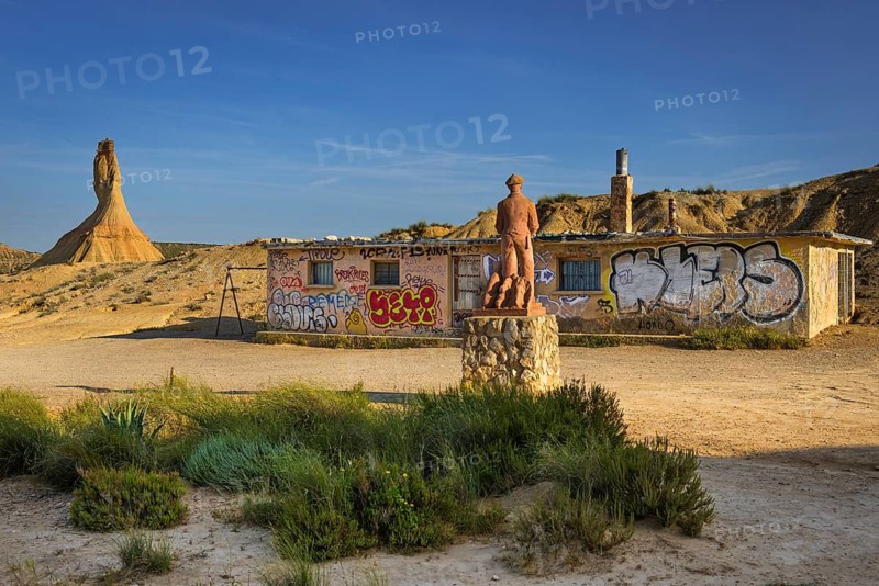Rifugio and monument at Castil de Tierra in the Bardenas Reales Natural Park, Navarra, Spain