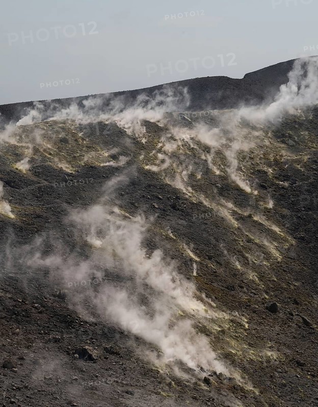 Crater rim, sulfur, sulfur vapors rise, Vulcano, Aeolian or Lipari Islands, Sicily, southern Italy, Italy
