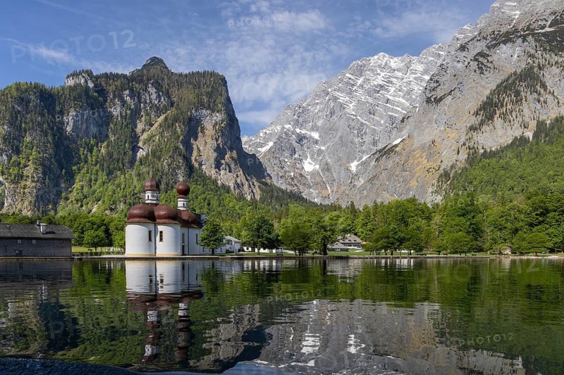 Boat trip on Lake Königssee with a view of St. Bartholomä, Berchtesgaden National Park, Germany