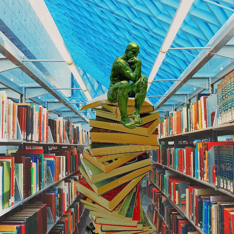 Symbolic image for Rodin's thinker sitting on stacks of books, humor, library, books, literature, learning, reading, continuing education, satisfaction, recovery, edification, historical, valuable, studies, information, world literature