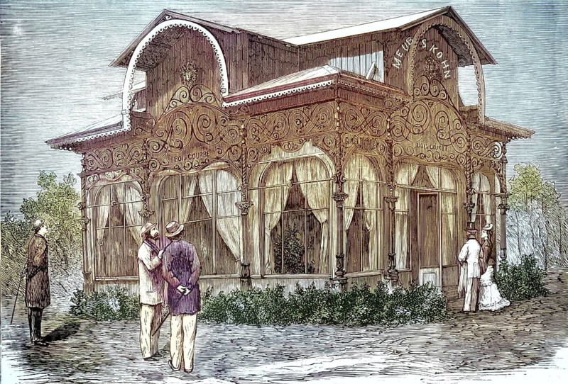 Paris World's Fair in 1878, pavilion of the Viennese furniture manufacturer Jacob & Josef Kohn, The filigree, intricately decorated pavilion was used by the well-known furniture company to present its world-famous, elegant bentwood furniture from Austria to an international audience, illustration, reproduction from a model from the 19th century. Authentic, file restored for optimal use, exact date of original unknown, historical, nostalgically colored