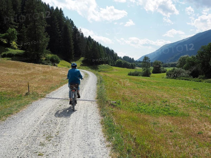 A female cyclist explores a rural scene along a trail, Rottenweg, Goms, Canton of Valais, Switzerland