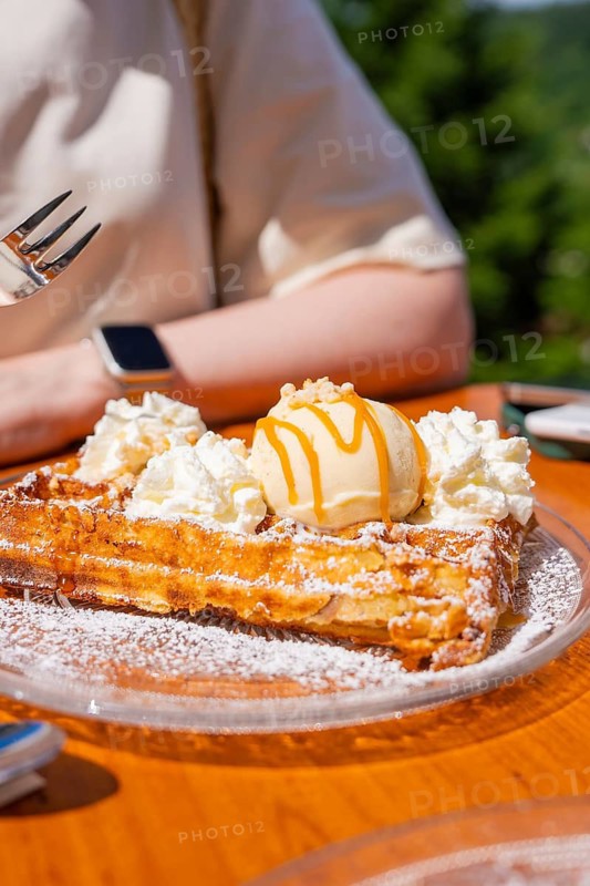 Close-up of waffles with ice cream and cream on a plate, Calw, Black Forest, Germany