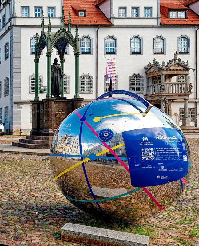 Market square with town hall and globe with QR code for historical apps, Luther city Wittenberg, Saxony-Anhalt, Germany