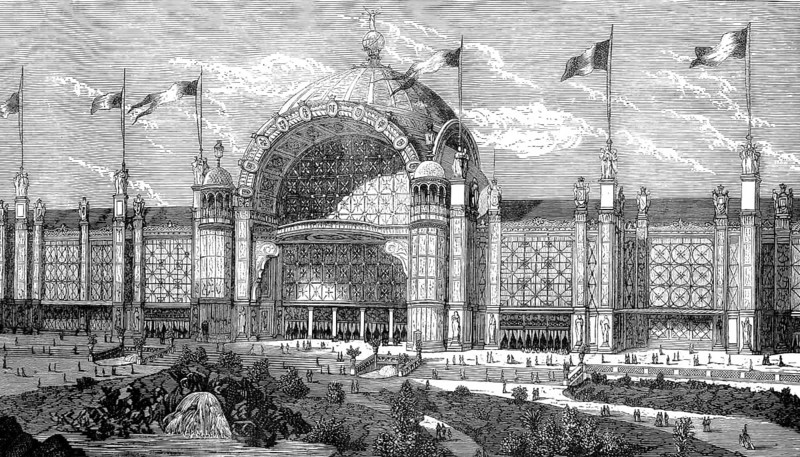 Main entrance to the Palais du Champ de Mars during the World's Fair in Paris 1878. The building was designed as a huge pavilion that housed numerous exhibits as well as the Rue des Nations with its national pavilions, illustration, reproduction of a model from the 19th century. Authentic, file restored for optimal use, exact date of submission unknown, historical