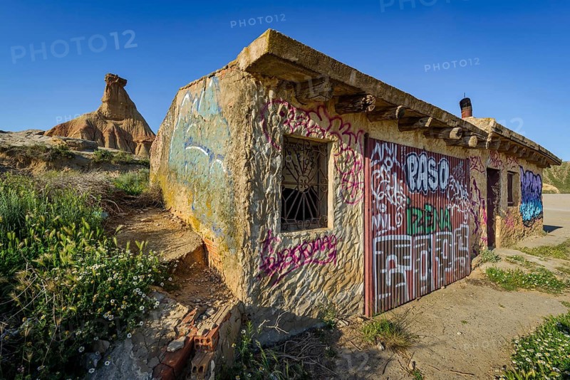 The Castil de Tierra monolith with shelter in the Bardenas Reales Natural Park, Navarra, Spain