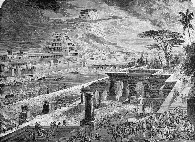 Taking of Babylon by Cyrus, Bible, Old Testament, Conquest, Cyrus the Great, Cyrus II, Persian Empire, Achaemenid Empire, Babylonian Empire, Prophecy, Divination, Judgment of God, Medes and Persians, Antiquity, World Empire, King Cyrus, God's Anointed, Divine Providence, Historical Tradition, Fall of Babylon, Babylon Kingdom, Babylonian Tower, Tower of Babel, Euphrates, Mesopotamia, cityscape, warriors, battle, soldiers, ships, war, city wall, historical illustration around 1850