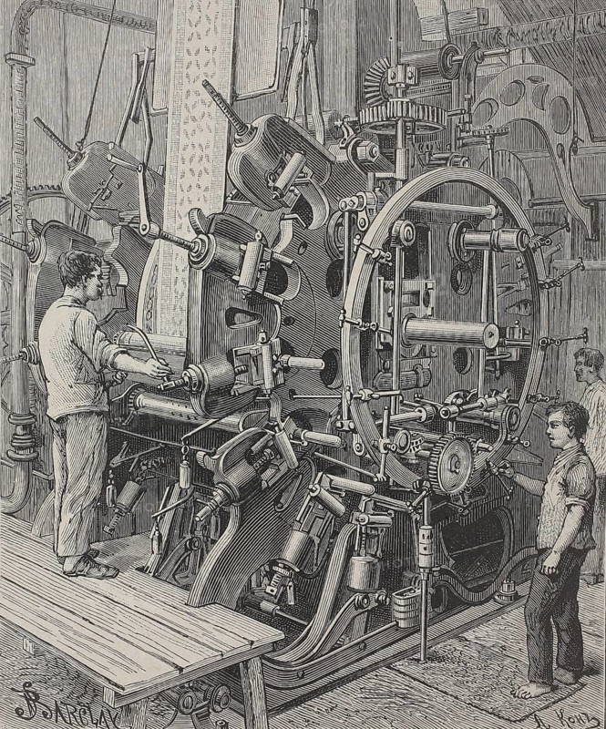Multicolor cylinder fabric printing machine in the Dollfus-Mieg workshops, rotary printing press for textiles, around 1880, illustration, reproduction from a 19th century model. Authentic, file restored for optimal use, exact date of submission unknown, historical