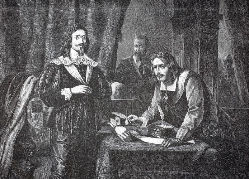 The picture shows an important, dramatic scene from the time of the English Civil War in the 17th century. On the left, King Charles I, Charles I, is in fine royal clothing with the typical lace collar of that era. Oliver Cromwell, the leader of the parliamentarians, sits at the right table. Cromwell pointedly points to a document lying in front of them and implores the king to officially recognize the existing parliamentary army, illustration, reproduction from a model from the 19th authentic, file restored for optimal use, exact date of submission unknown, historical