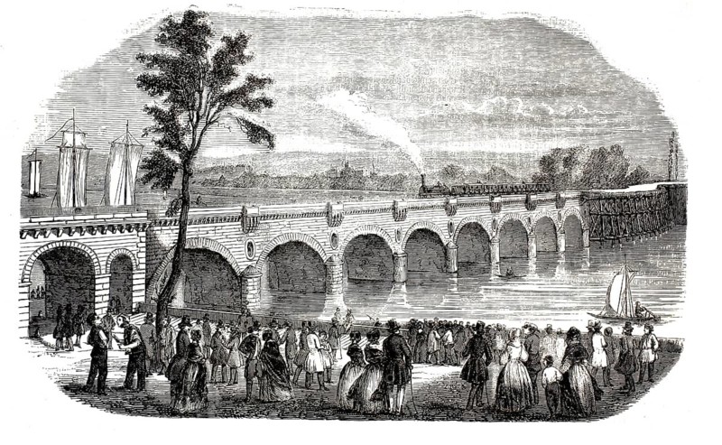 Viaduct of Vierzon, Pont de Vierzon, in the French city of Orléans, 1847, France. Long brick arched bridge crossing the Loire in Orléans, a large crowd has gathered on the promenades and quays of Orléans to marvel at the steaming locomotive on the crossing, illustration, reproduction from a 19th-century model. Authentic, file restored for optimal use, exact date of submission unknown, historical