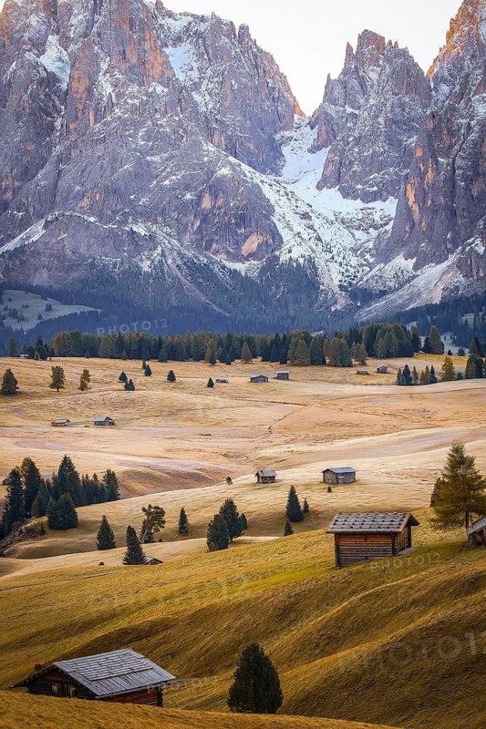 Snow-covered mountains frame a vast, quiet meadow landscape with huts, views over the autumnal Seiser Alm on Langkofel and Plattkofel, alpine huts, Dolomites, South Tyrol, Italy