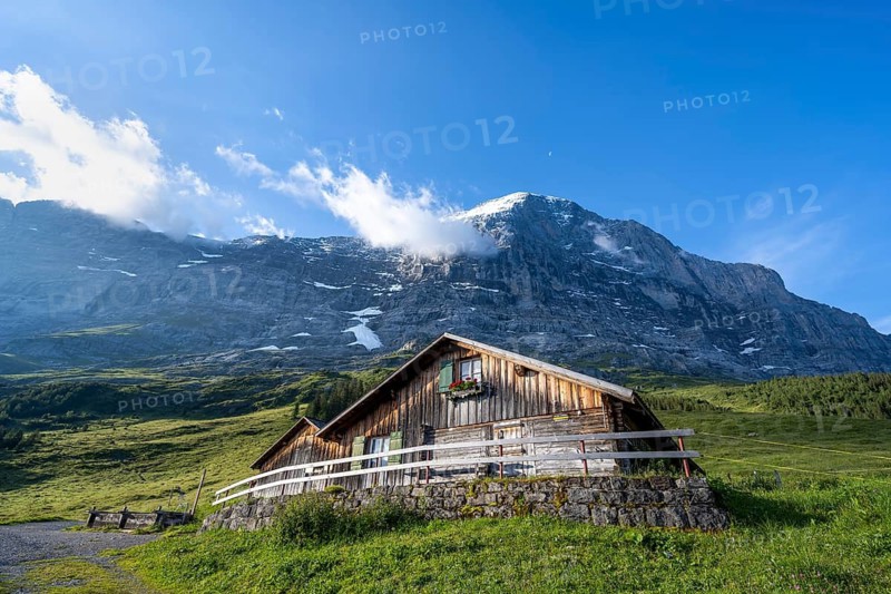 Alpine hut and summit of the Eiger, Alpiglen, Grindelwald, Bernese Oberland, Switzerland
