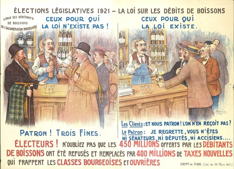 Advertising poster, beverage advertisement, cartoon from 1921 addresses the controversy surrounding the Belgian alcohol law and the associated taxes. The poster criticizes the unequal application of the law, which restricted the consumption of certain alcoholic beverages. It is argued that the government's rejection of revenue from beverage retailers has led to new tax burdens for citizens, authentic reproduction of a historic advertising poster, advertising sign, in high resolution