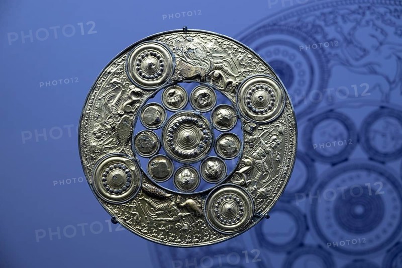 Ancient Roman decorative disc, phalera, magnificent decoration, Varus Battle Roman Museum Kalkriese, Bramsche, Lower Saxony, Germany