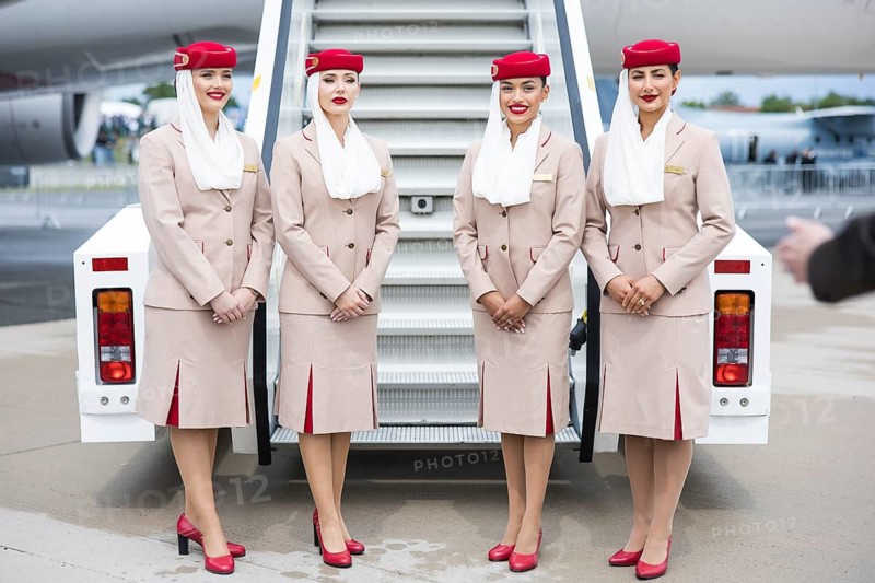 Emirates flight attendants on a tour of the ILA (International Aerospace Exhibition) on 10 June 2026 at the Berlin-Schönefeld Exhibition Grounds