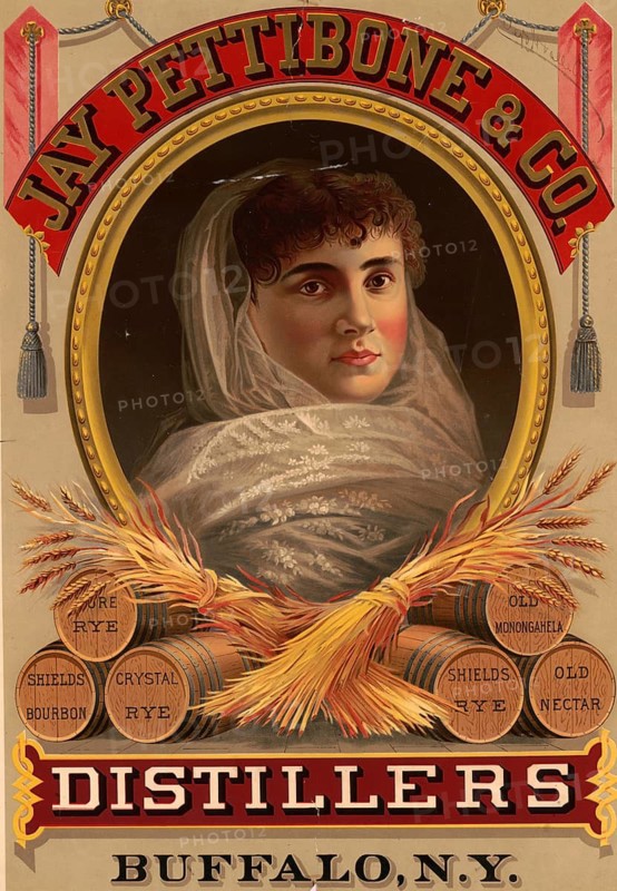Advertising poster, beverage advertisement, advertising poster for the Jay Pettibone & Co. distillery in Buffalo, New York, which was originally created in 1878. The image shows a lithograph by Wells & Hope Co surrounding a portrait of a woman with an embroidered scarf in an oval frame. At the bottom of the poster, several barrels of various brands of alcohol are shown, including Shields Bourbon and Old Nectar, authentic reproduction of a historic advertising poster, advertising sign, in high resolution