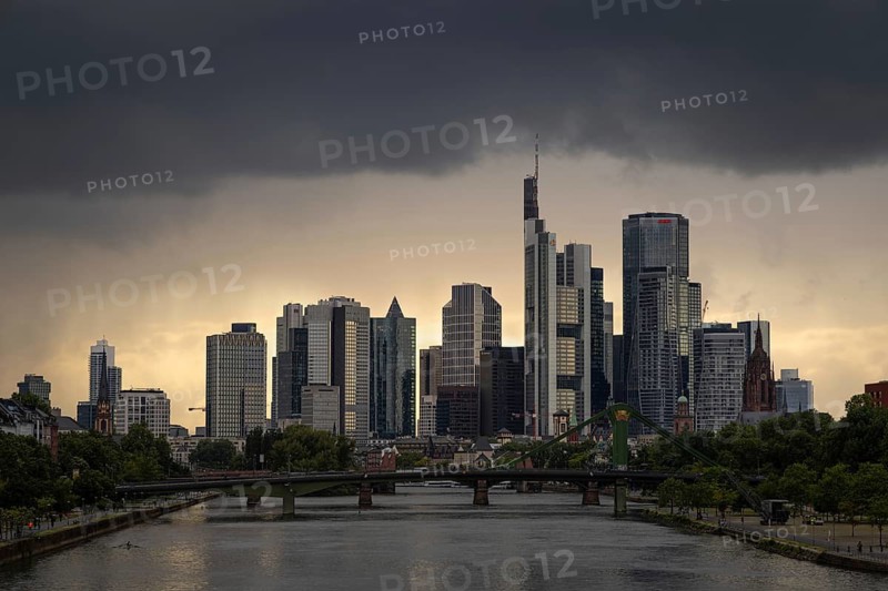 Dark rain clouds sweep across Frankfurt's banking skyline, Frankfurt am Main, Hesse, Germany