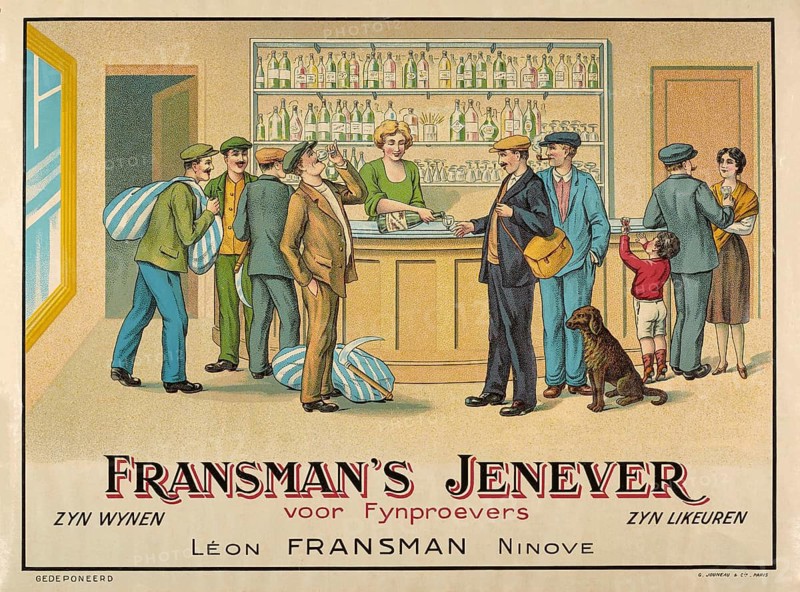 Advertising poster, drinks advertisement, poster for Fransman's Jenever from Ninove. The advertisement was produced by the Léon Fransman distillery and is aimed at connoisseurs (Fynproevers) . The image depicts a convivial scene in a bar with guests sampling the jenever, 1912, an authentic reproduction of a historical advertising poster or sign, in high resolution