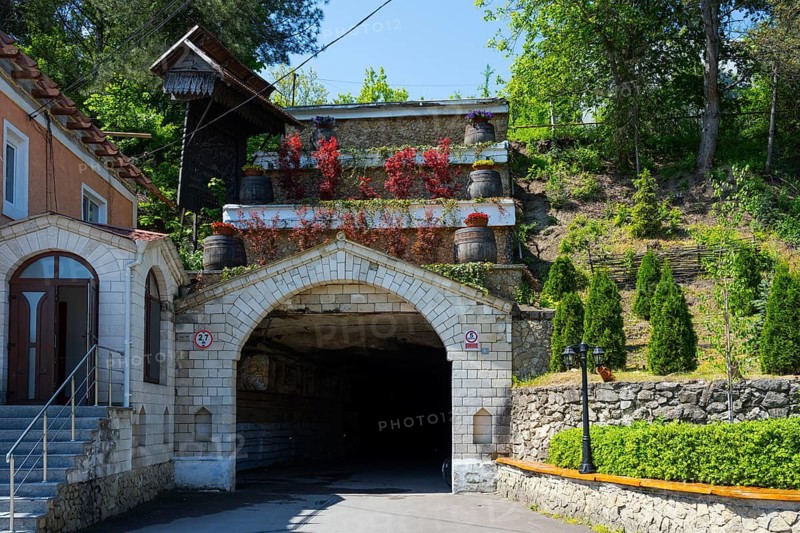 Stone building with wine barrels and tunnels surrounded by plants on a hill, entrance to the wine cellar, Milestii Mici Winery, Mile?tii Mici, Republic of Moldova, Moldova