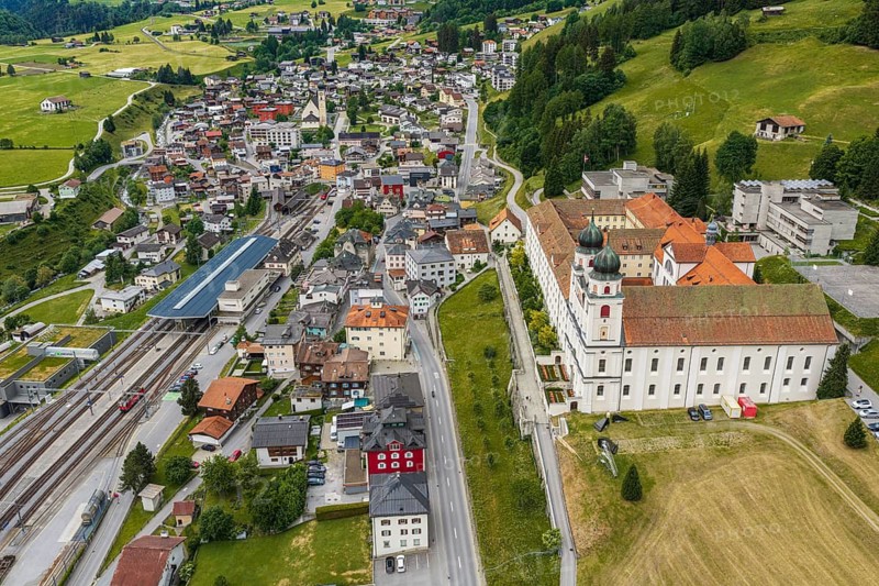 Aerial view of monastery Disentis, village Disentis, Switzerland