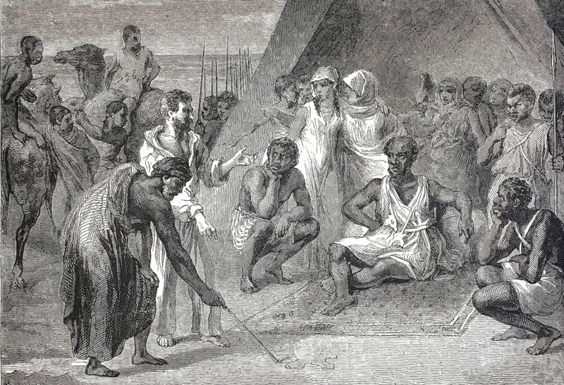 Scene following the shipwreck of the French frigate Méduse off the coast of Senegal in July 1816, illustrates the survivors who are received by Senegalese King Zaide. In the illustration, the king orders the naturalist and survivor Monsieur Kummer to describe the events of the recent French Revolution to him. Kummer draws with a stick in the sand to visually explain the geographical or political context, authentic, high-resolution reproduction from a 19th century original, exact date of presentation unknown, historical