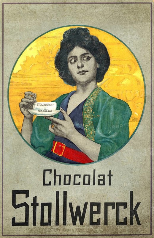 Advertising poster, beverage advertisement, poster for Stollwerck chocolate from 1898. An elegantly dressed woman in a deep blue dress with green, patterned throw and red belt holds a filigree cup and saucer with the inscription Stollwerck's Chocolade, authentic reproduction of a historical advertising poster, advertising sign, in high resolution