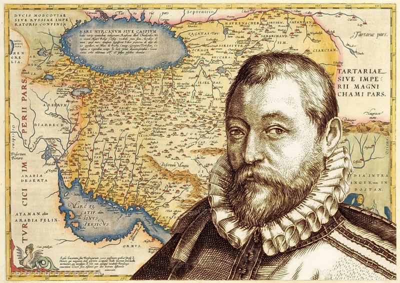 Portrait of Abraham Ortelius, 1527 – 1598, Flemish scholar, cartographer, geographer and cosmographer, digitally edited based on a historical illustration by Léonard Gaultier, antique map of Persia from his world atlas Theatrum Orbis Terrarum published in 1570, showing the Strait of Hormuz between the Persian Gulf and the Gulf of Oman