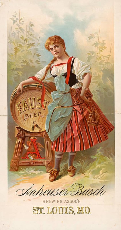 Advertising poster, beverage advertisement, advertising poster for Anheuser-bush Faust beer from 1880, a young woman in a traditional traditional costume inspired by southern Germany and the Alps, dirndl style. It is based on a large wooden barrel with the inscription Faust Beer. The keg stands on a richly decorated wooden frame showing the brewery's iconic A-logo, authentic reproduction of a historic advertising poster, advertising sign, in high resolution