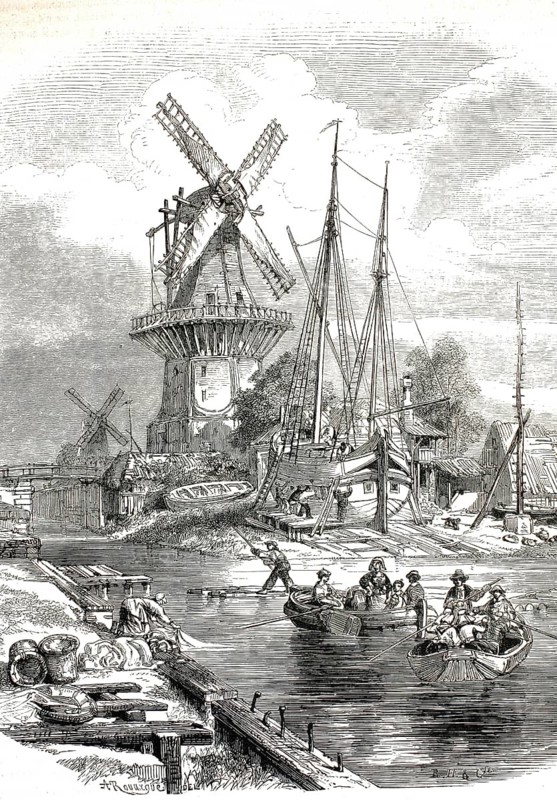 A mill in Holland from 1859. The scenery shows a lively, typical Dutch river landscape in the 19th century. At the center is a large, traditional gallery Dutch windmill. Right next to it is a small shipyard, Astillero, with historic sailboats that craftsmen work on. In the foreground, several people in rowing boats and workers on the waterfront animate the waterway, authentic, high-resolution reproduction of a model from the 19th century, exact date of depiction unknown, historical