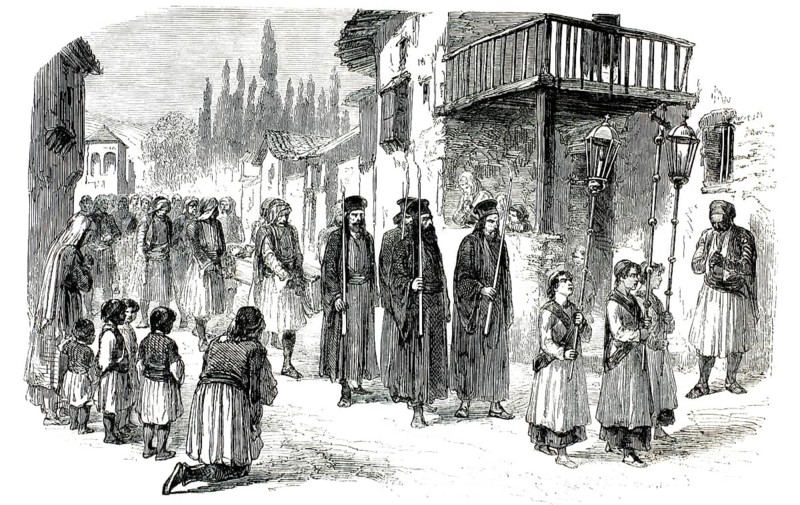 A Greek Orthodox funeral procession circa 1870. In the centre are three Greek Orthodox clergymen in traditional dark robes (rason) and head coverings (kalimafion) . The procession is led by young people or altar boys carrying ceremonial lanterns and processional poles. On the left of the picture, villagers in traditional Greek dress are kneeling and standing to pay their respects to the passing funeral procession, an authentic, high-resolution reproduction of a 19th-century original, exact date of the depiction unknown, historical