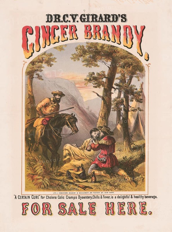 Advertising poster, beverage advertisement, advertising poster for Dr. C.Y. Girard's Ginger Brand, around 1860. The text describes the product as a safe cure for diseases such as cholera, dysentery and fever, authentic reproduction of a historical advertising poster, advertising sign, in high resolution
