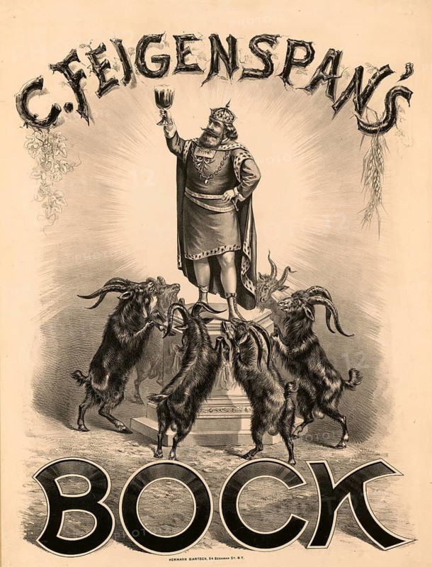 Advertising poster, beverage advertisement, advertising poster from 1887 for C. Feigenspan's buck beer from Newark, New Jersey. The picture shows a king standing on a pedestal and raising a chalice surrounded by goats standing on their hind legs, authentic reproduction of a historical advertising poster, advertising sign, in high resolution