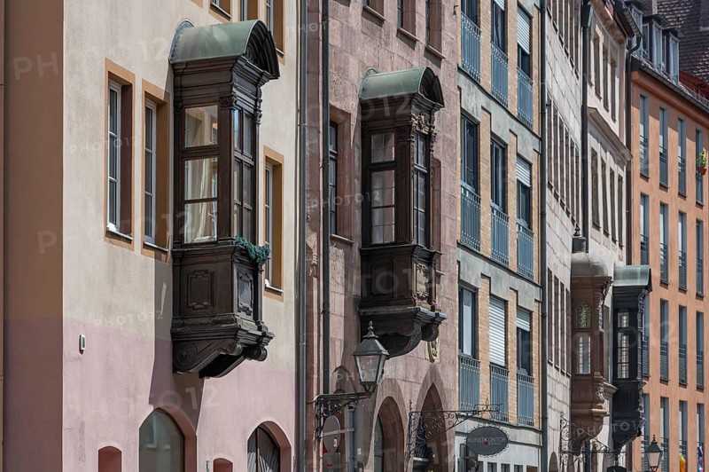 Historical choirs at residential buildings in the old town, Füll, Nuremberg, Middle Franconia, Bavaria, Germany