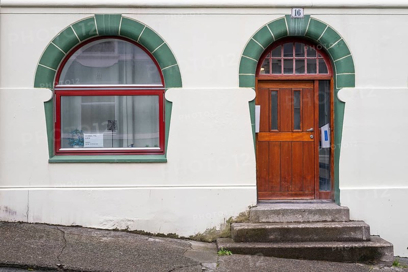 Art Nouveau window and house entrance, city center, Ålesund or Alesund, Ålesundet, Møre og Romsdal Fylke, Norway