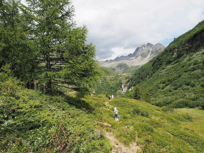 Green hiking trail leads through a mountainous landscape with hikers along the way, Binntal Landscape Park, Goms, Canton of Valais, Switzerland