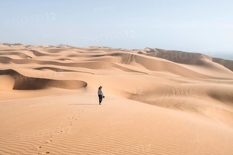 Woman with camera, lonely person walking across dunes, sand dunes with wave pattern, dune sea, sandy desert, impressive desert landscape, Namib Naukluft Park, Namib Desert, Namibia