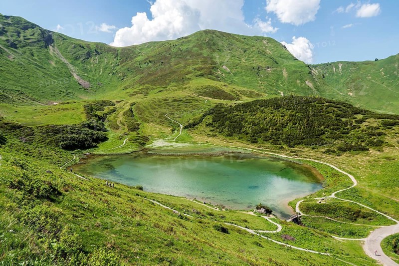 View of Schlappoldsee, Oberstdorf, Oberallgäu, Allgäu, Bavaria, Germany