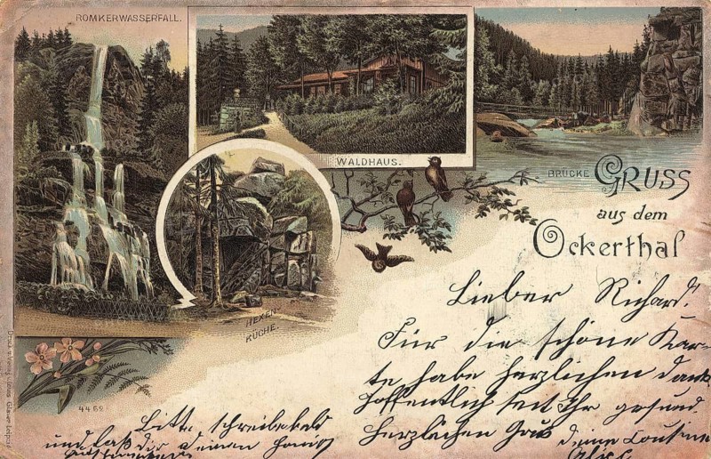Romkerhall Waterfall and the surrounding Waldhaus in Okertal, Germany, authentic reproduction of an old postcard, around 1910, historical, exact date unknown