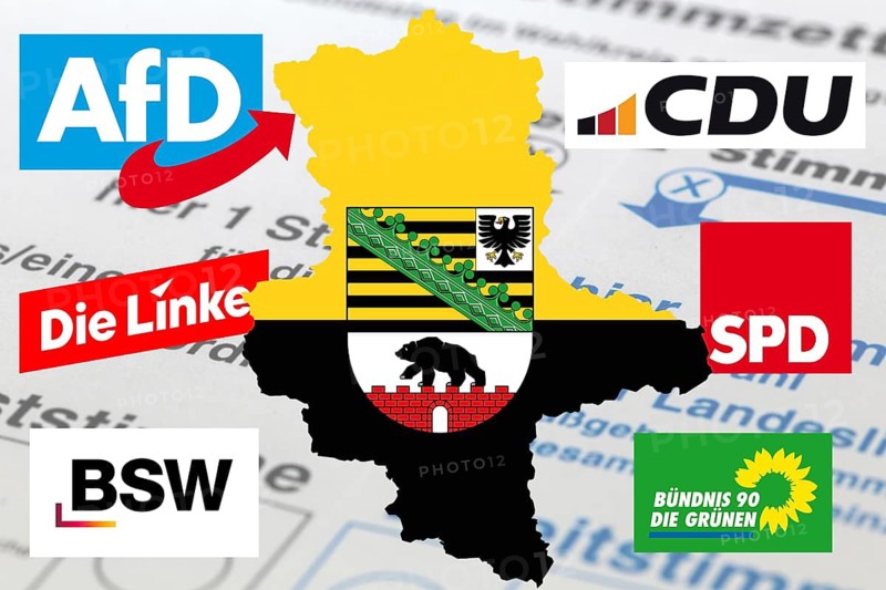(photo montage) Graphic with the outline and coat of arms of Saxony-Anhalt, surrounded by the logos of the parties that either safely move into parliament in the elections in September or have a chance to do so